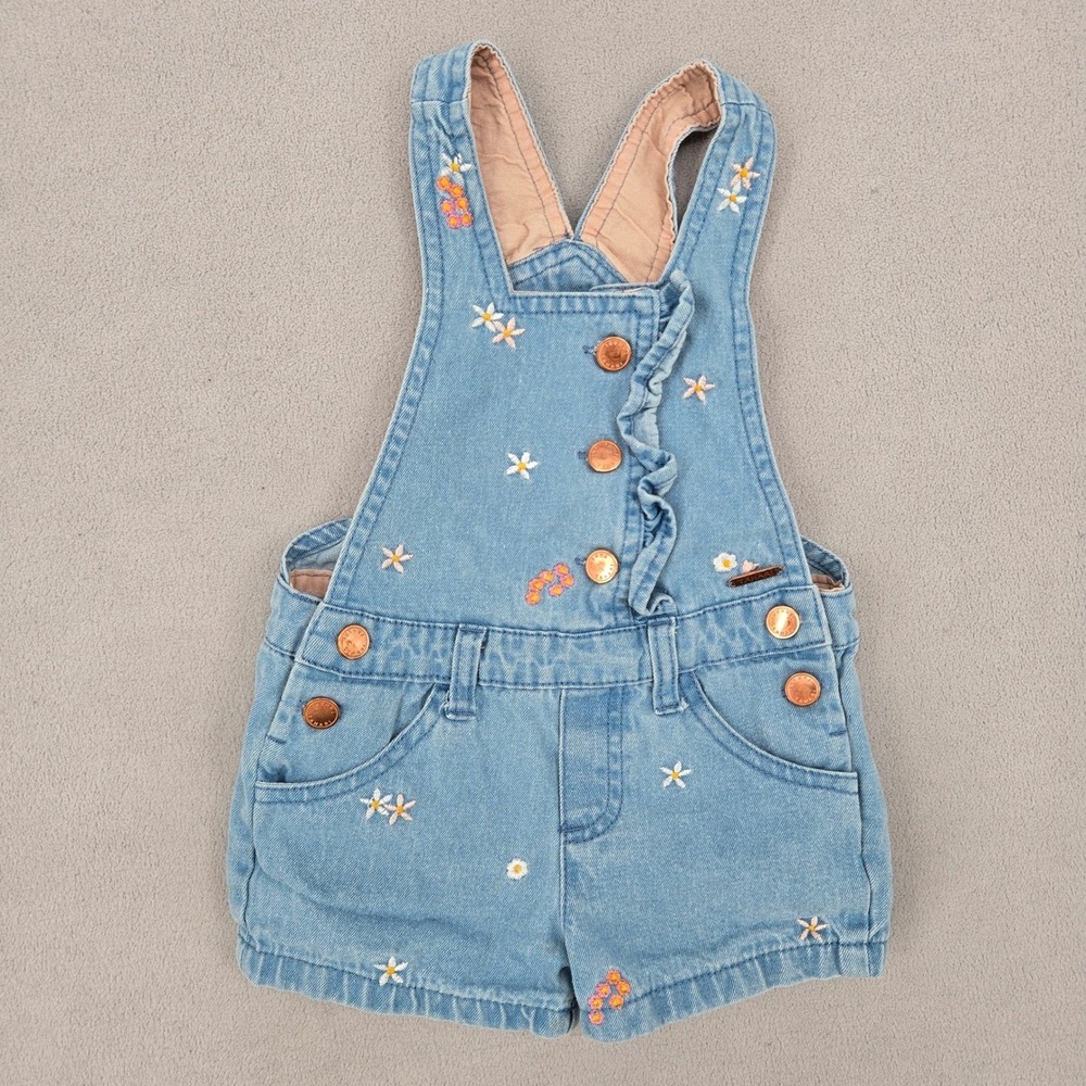 Tahari Baby Girls 2T Denim Shortalls Floral Embroidered Ruffle Boho 3954